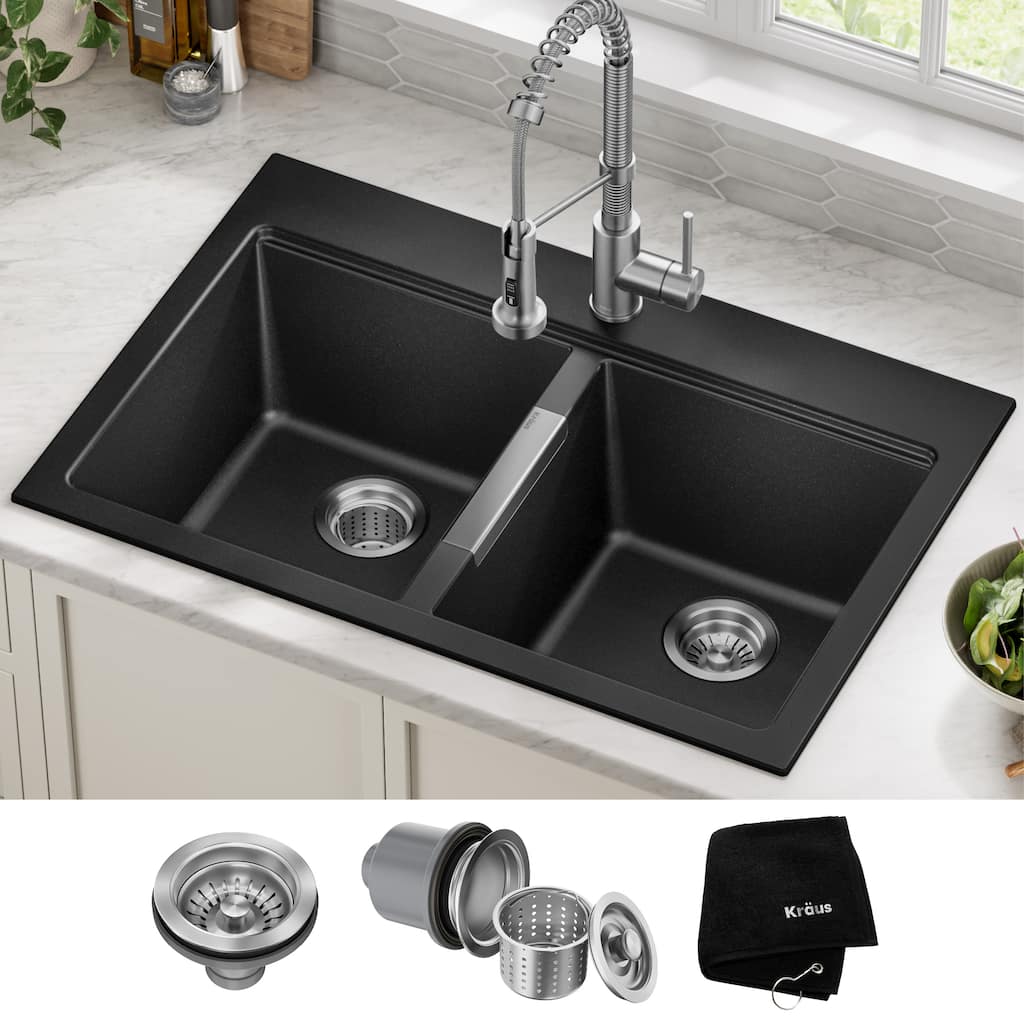 KRAUS Granite 33 inch 2-Bowl Undermount Drop-in Kitchen Sink