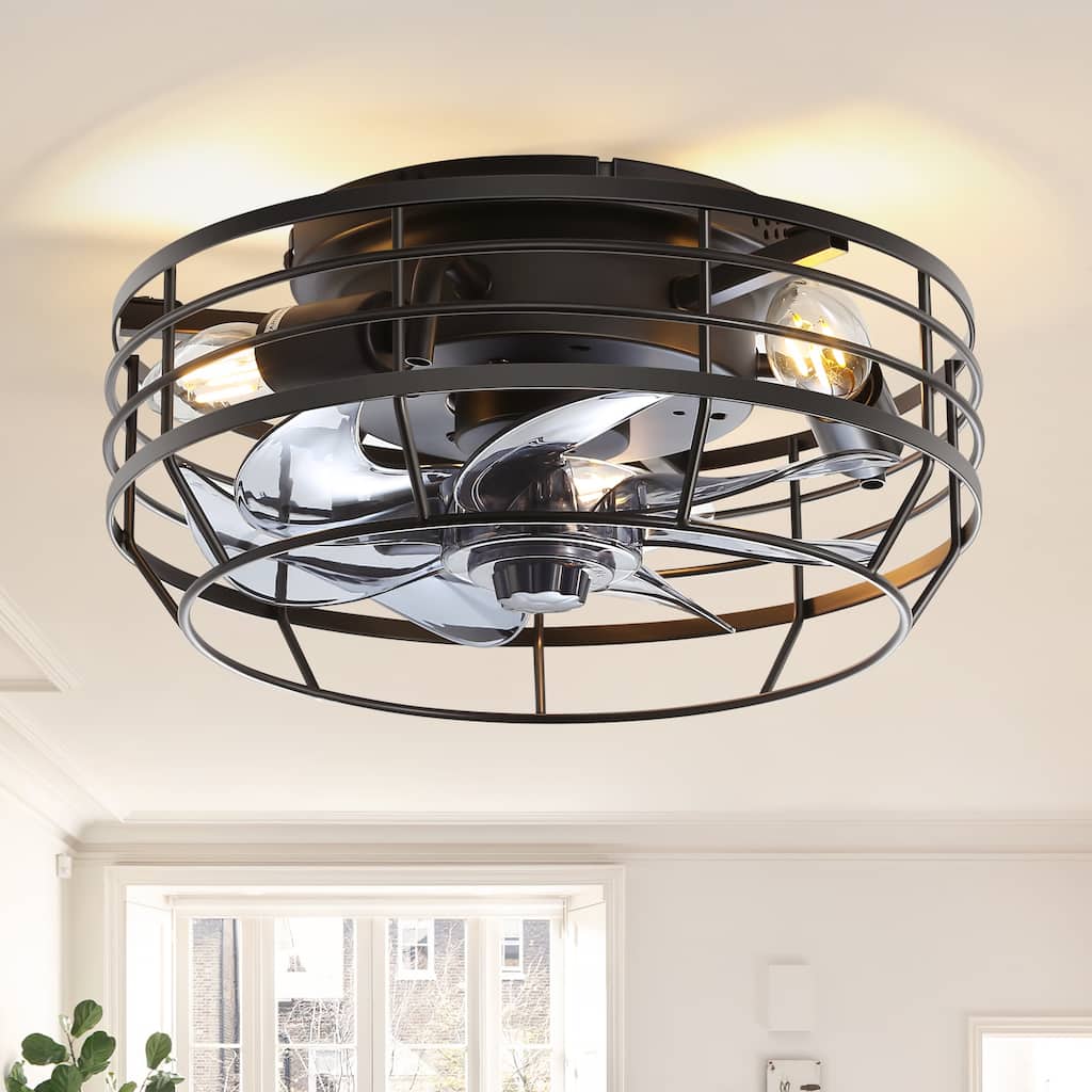 11.8" Black Flush Mount Ceiling Fan with Light, Enclosed Caged Low Profile Design, Quiet DC Motor, Remote Control - 11.8-Inch