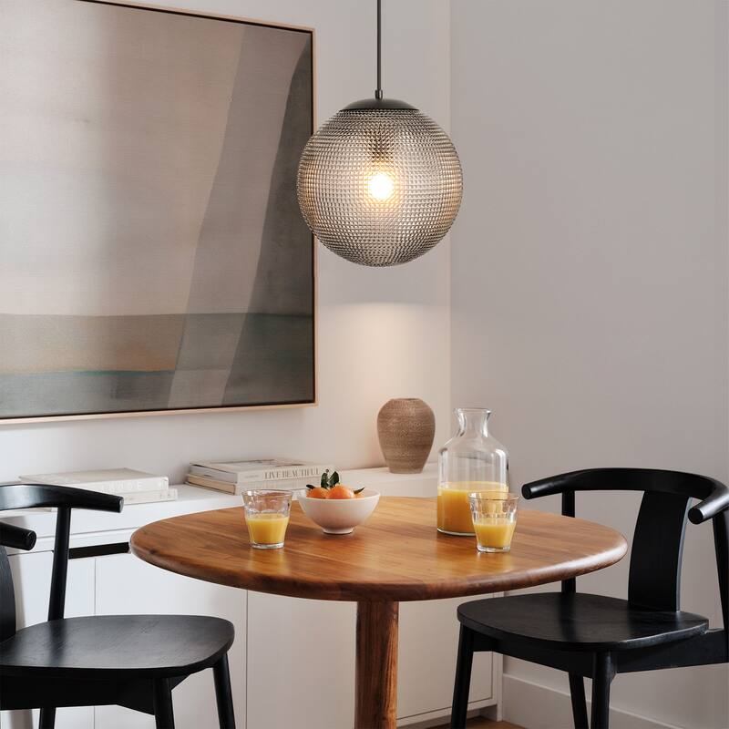 1-Light Modern Indoor Matte Black Finish Kitchen Island Pendant Lights with Globe Diamond Textured Grey/Clear Glass Shade