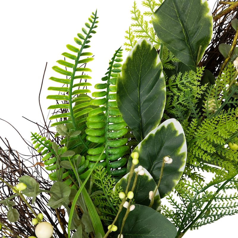 Green Brown Foliage Artificial Spring Wreath with Nest - 24", Unlit