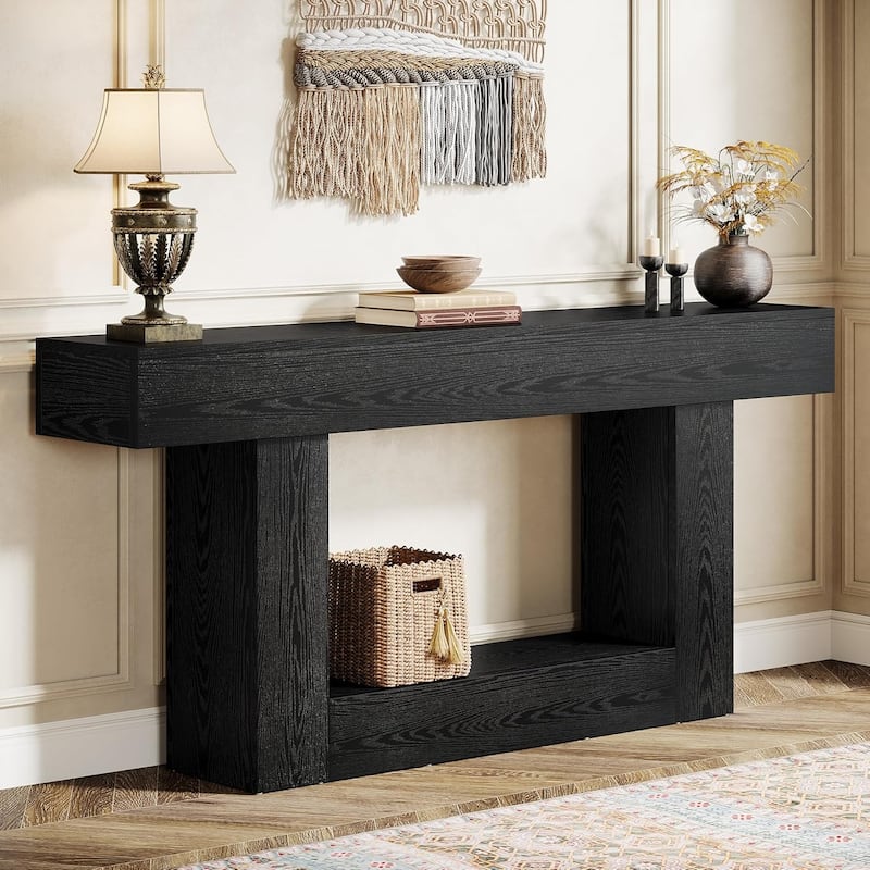 63" Long Console Table, Farmhouse 2-Tier Entryway Table with U-Shaped Base - 63" W x 11.8" D x 32.3" H - Black