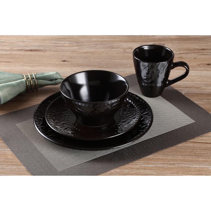 Lorren Home Trends 16 Piece Stoneware Scroll Dinnerware Set-Black