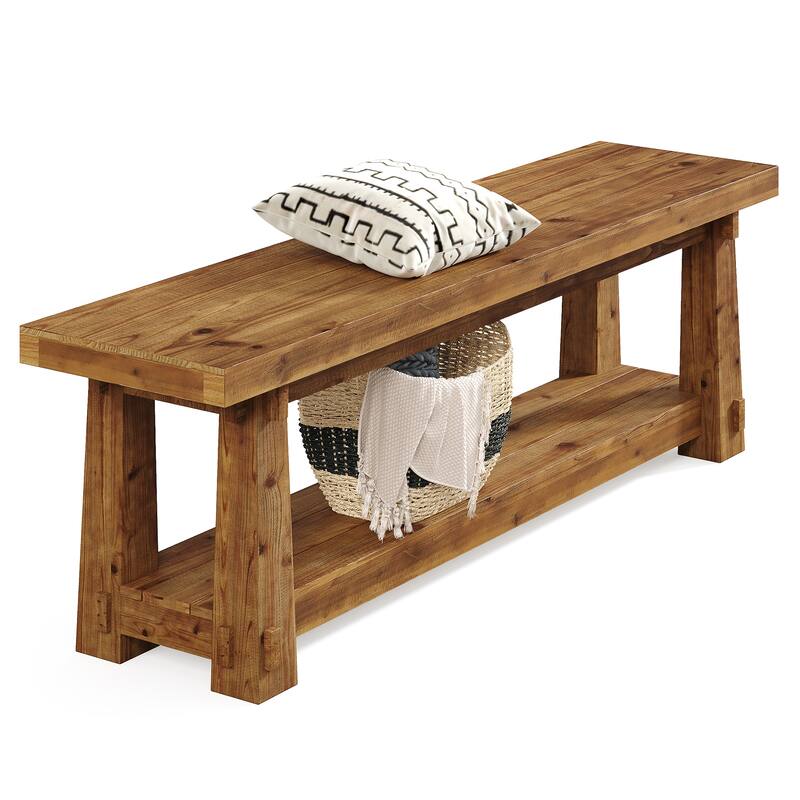 55" Solid Wood Entryway Bench with Shoe Storage, Charred Wood Grain