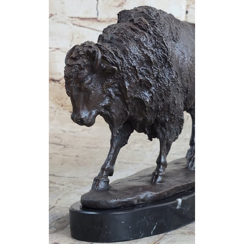 American Buffalo Bison Western Decor Bronze Marble Base Statue Sculpture Artwork