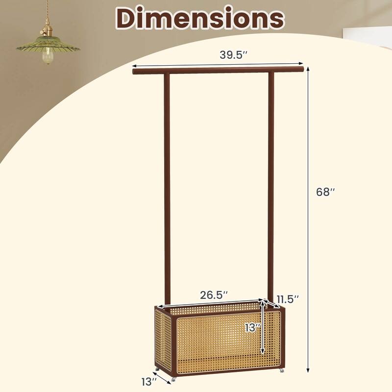 Costway Bamboo Clothes Rack with Rattan Storage Basket & Wheels, - See Details