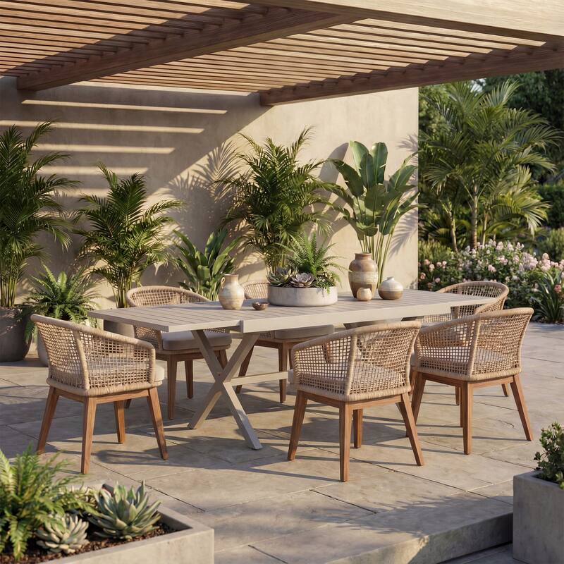 Expandable Aluminum Outdoor Dining Table with 6 Rope Woven Chairs