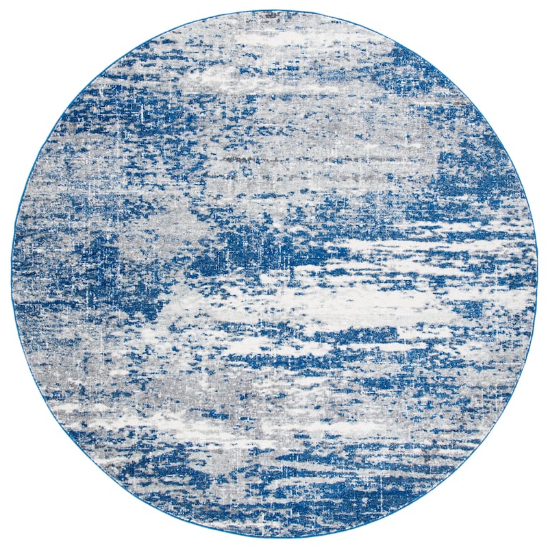 SAFAVIEH, Evoke Yukako Modern Abstract Distressed Rug - 6'7" Round - Dark Blue/Grey