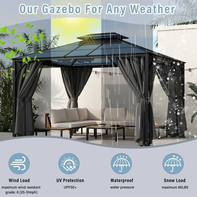 Outdoor 10" x 12" Hardtop Outdoor Gazebo with Double-layer Side Walls Mosquito Netting and Aluminum Frame