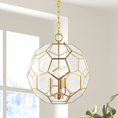 Violet 13.5" 3-Light Modern Bohemian Iron/Glass LED Pendant, Brass Gold/Clear by JONATHAN Y - 3 Light