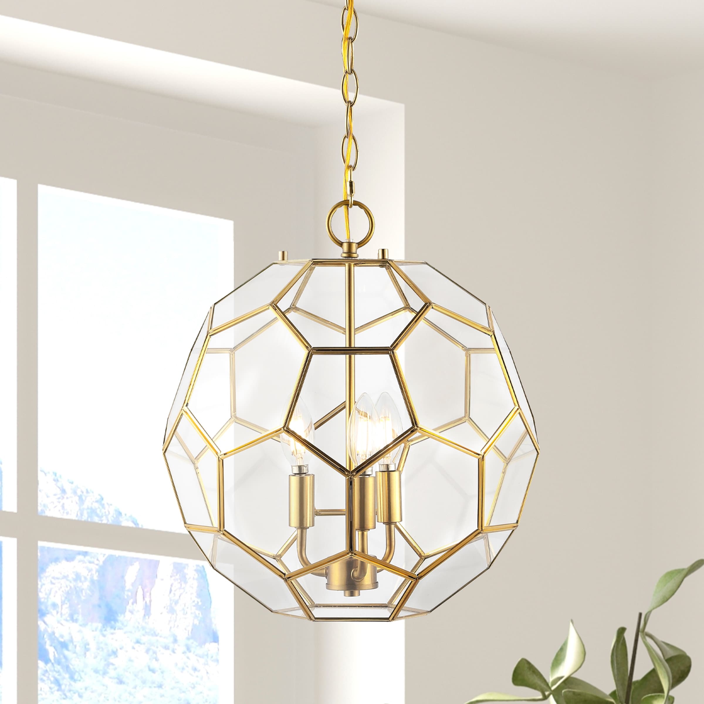 JONATHAN Y Violet 13.5" 3-Light Modern Bohemian Iron/Glass LED Pendant, Brass Gold/Clear - 3 Light