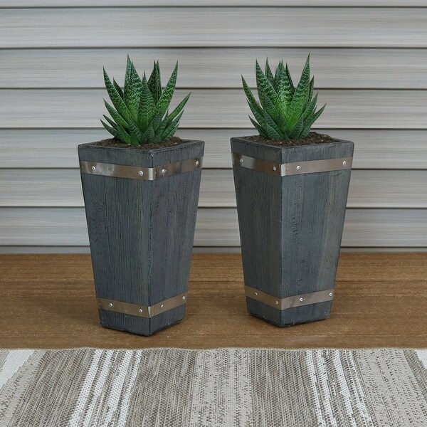 Sunnydaze Fiber Clay Indoor/Outdoor Square Barrel Planter Pot- 15-Inch Set of 2 - 15" Set of 2