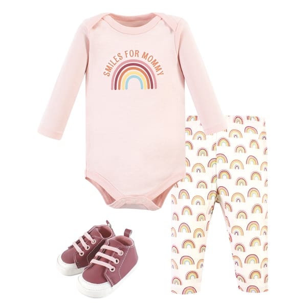 slide 1 of 1, Hudson Baby Infant Girl Cotton Long-Sleeve Bodysuit, Pant and Shoe Set, Sunshine Rainbows 0-3 Months - Sunshine Rainbows Long Sleeve