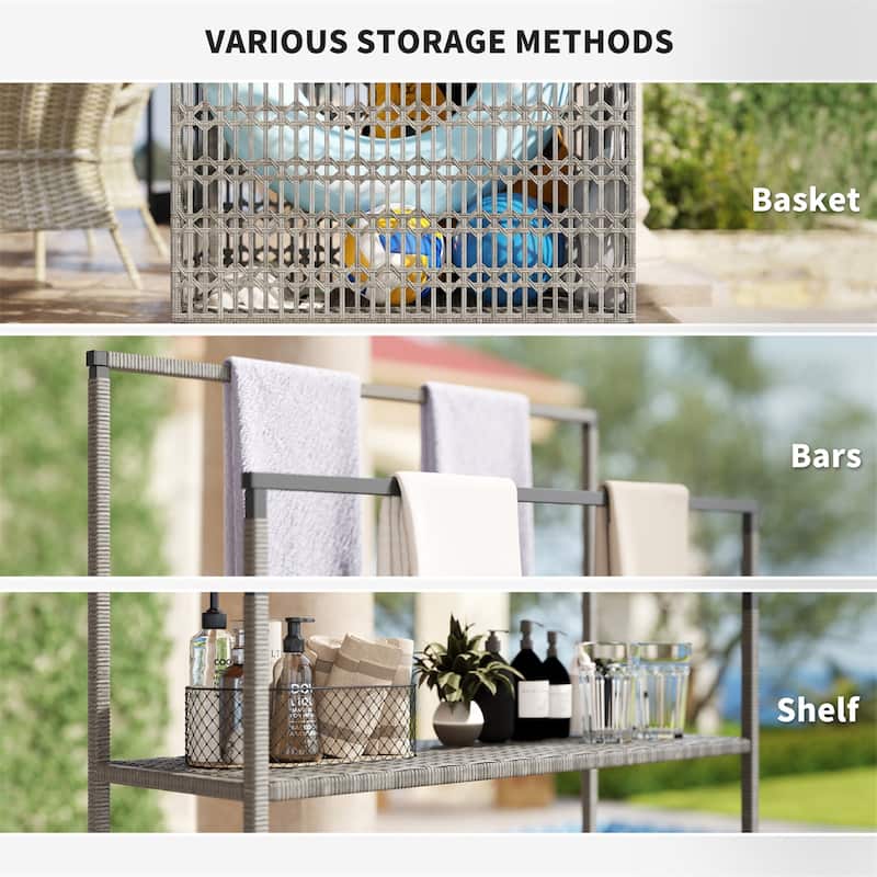 Wicker Pool Storage Basket with Wheels Shelf and Steel Frame for Outdoor Pool Supplies Organization