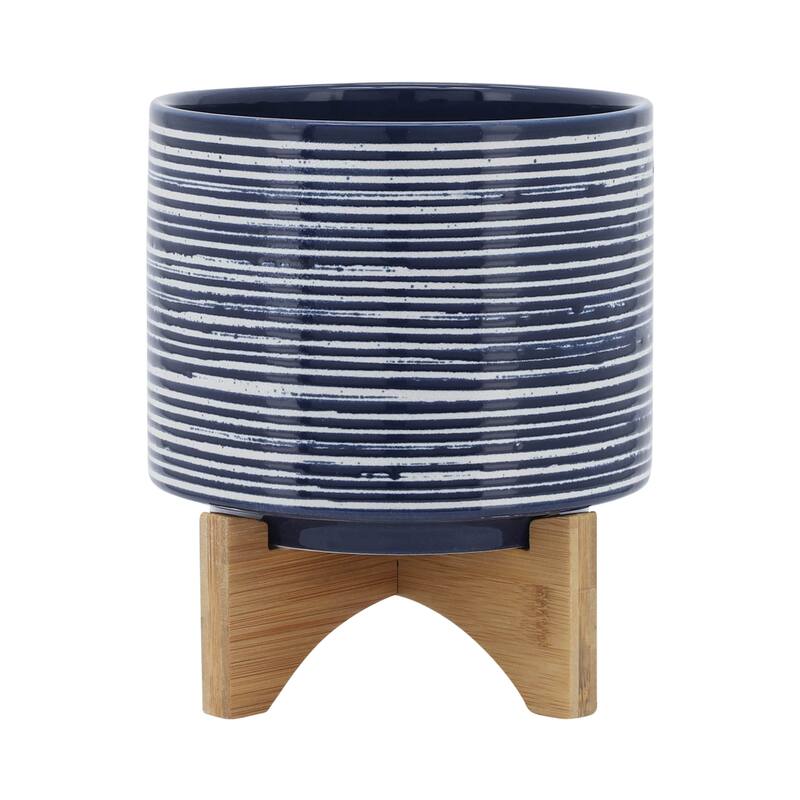 Sagebrook Home Striped Ceramic Planter with Wooden Stand Indoor/Outdoor