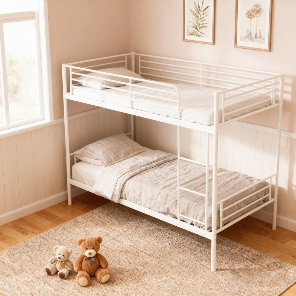 Bunk Bed with Ladder and high Guardrail, Able to Split, Metal Bunk Bed, Storage Space, Noise Free,Twin Over Twin Size
