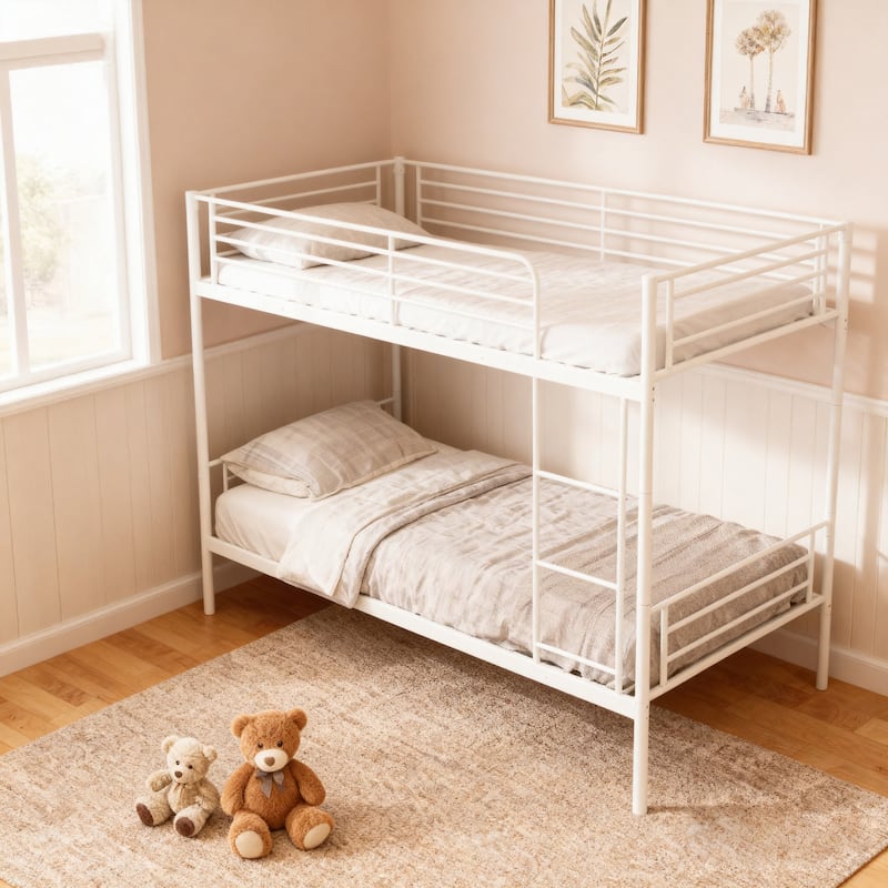 Convertible Twin Over Twin Metal Bunk Bed with Ladder & Safety Guardrail - White - White