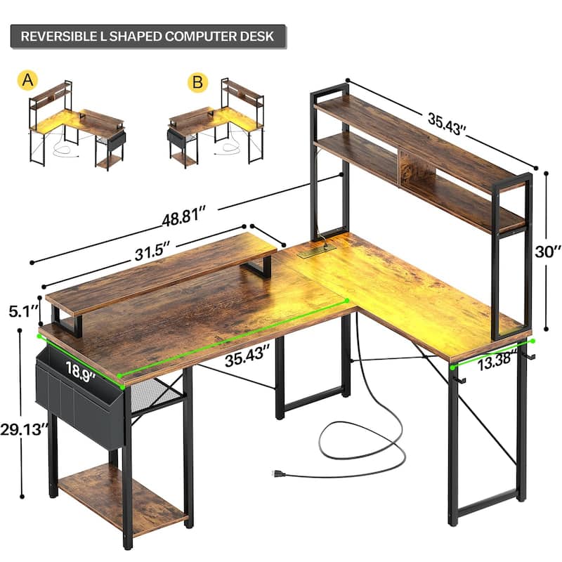 Farmhouse L-shaped Desk with Power Outlet, Gaming Table with Hutch and LED Light
