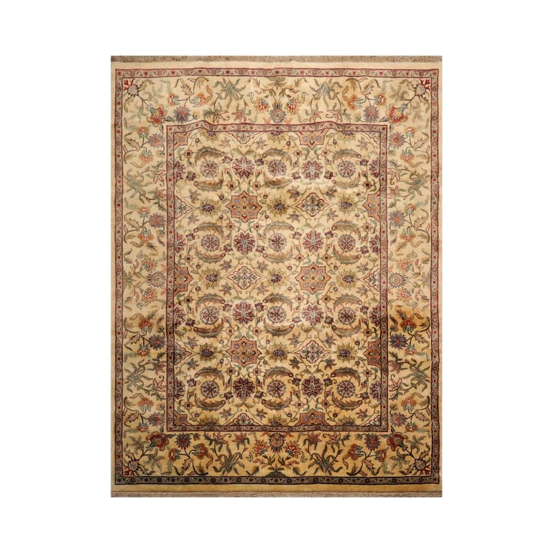 Hand Knotted Agra Ivory, Aqua 100% Wool Traditional Oriental Area Rug - 9' x 11' 11''