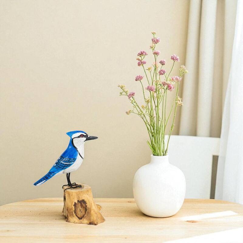 Wood Blue Jay Figurine - Hand Carved Songbird Sculpture, Nature Inspired Bird Decor - 7.5" tall x 5" wide x 3" deep