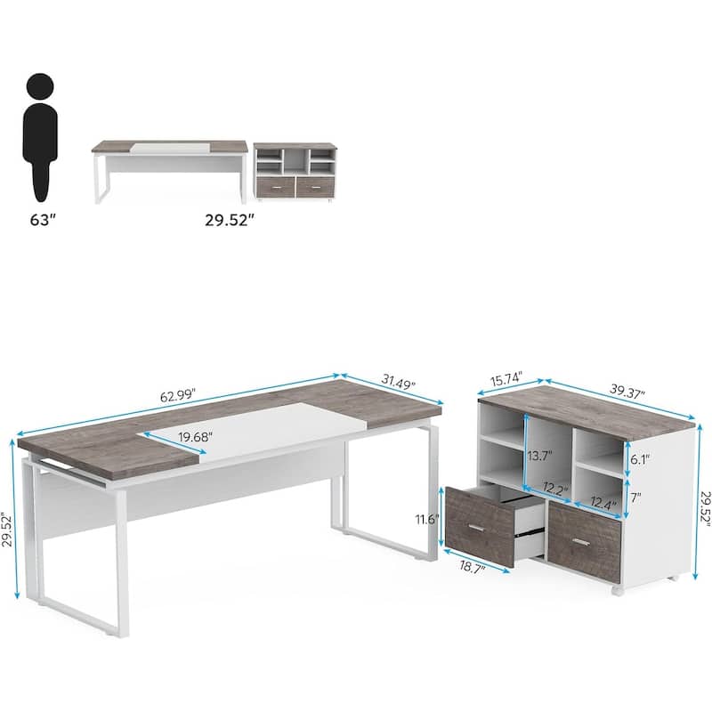 63" L-Shaped Executive Desk Reversible File Cabinet Combo, Office Computer Desk Set with Storage Drawers