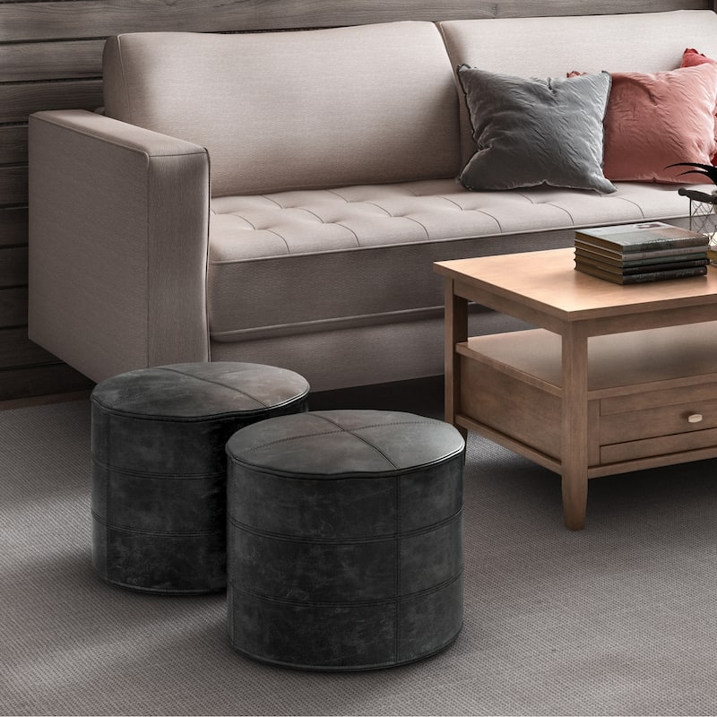 WYNDENHALL Darian Round Pouf in Genuine Leather - 18"W x 18"D x 14"H - Distressed Black