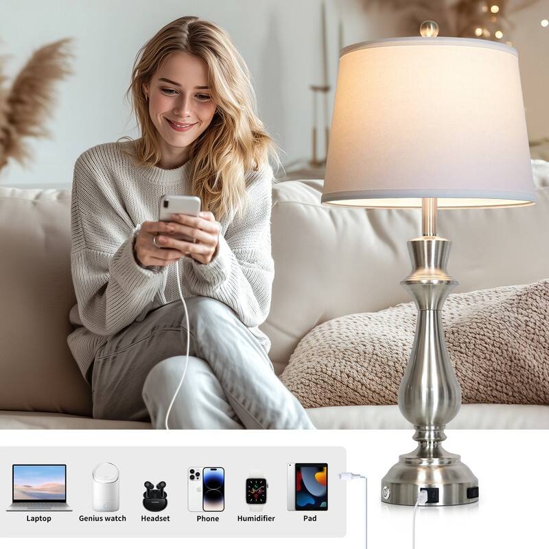 Modern 30-Inch Table Lamps with Touch Control, USB & Type-C Ports, and AC Outlet (Set of 2)