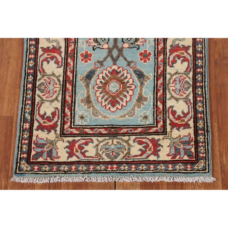 Light Blue Traditional Kazak Runner Rug Handmade Hallway Wool Carpet - 2'1" x 5'9"