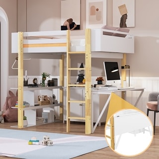 Stylish Design Full Size Solid Wood Loft Bed Kids Bed with Built-in Storage Cabinet and Cubes, Foldable desk