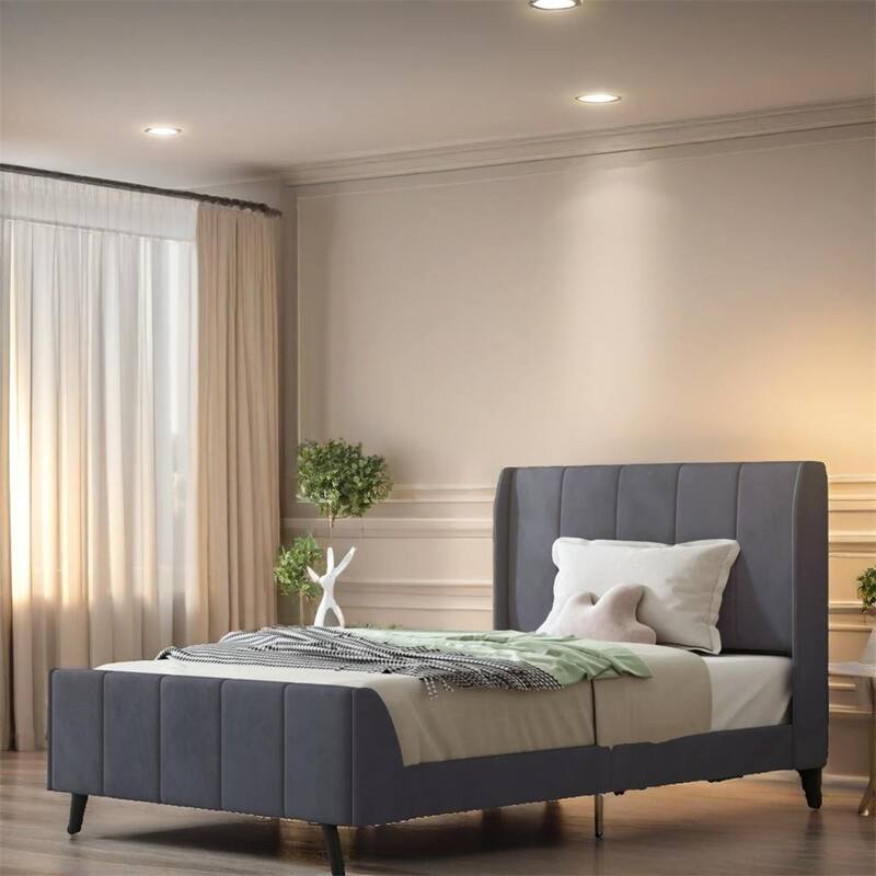 Twin Size Velvet Upholstered Platform Bed with Slats and Legs