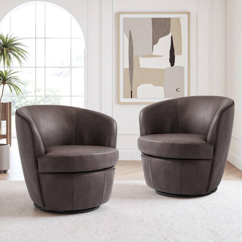 2 Set Faux Leather Club Swivel Barrel Accent Chair
