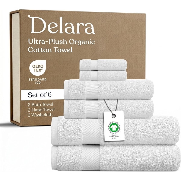 Delara GOTS Certified Organic Cotton Towel Set 6-Piece, Ultra-Plush Spa Towels - 2 Bath, 2 Hand, 2 Washcloths - White