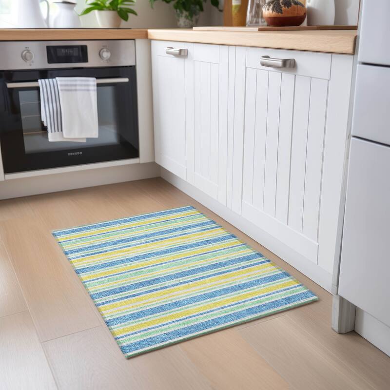 Machine Washable Indoor/ Outdoor Thin Cabana Stripe Chantille Rug