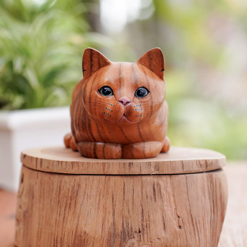 Novica Handmade Lazy Cat Wood Statuette