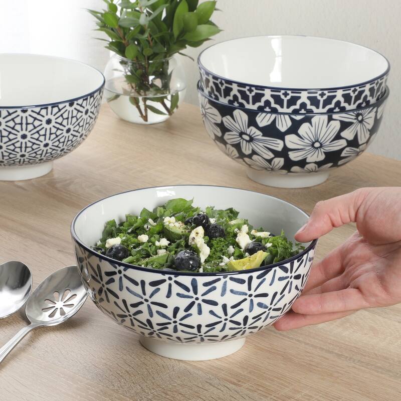 Gibson Home Castle Way 4-Piece Serving Bowl Set, 8 Inch Stoneware Bowls, Blue & White Assorted Pattern, Decorative Everyday Use