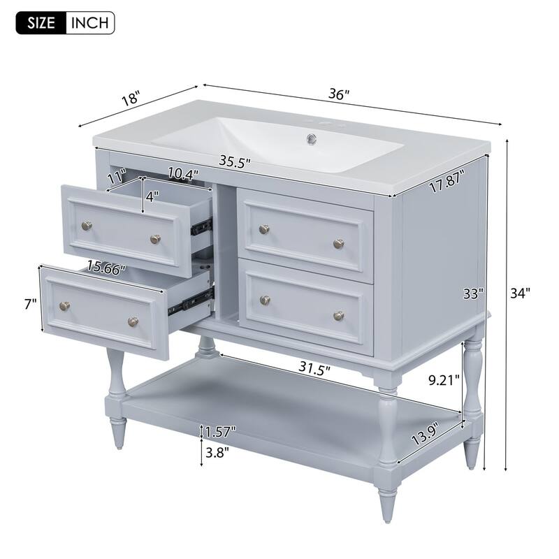 36 inch MDF Freestanding Bathroom Vanity Set with Integrated Resin Sink with Mirror cabinet