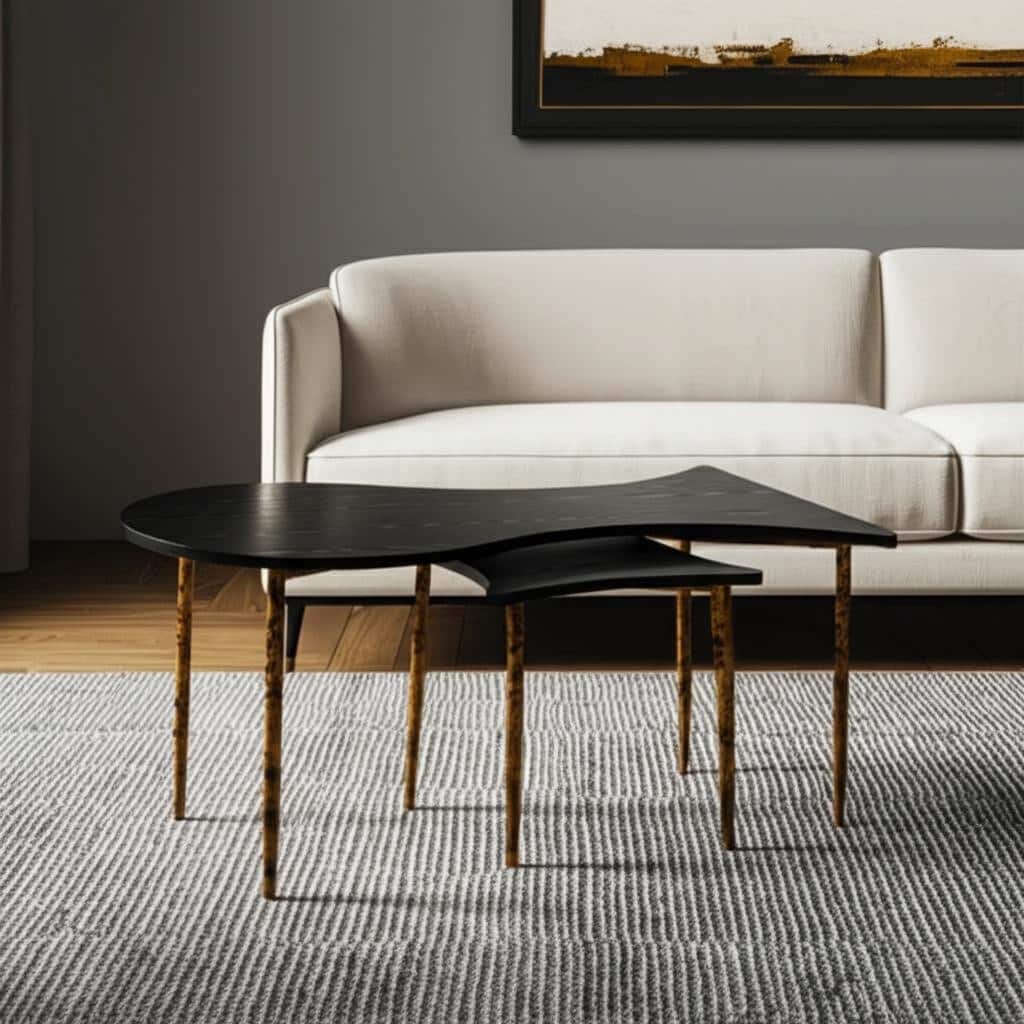 HomeRoots Set of Two Black and Bronze Wood and Steel Free Form Coffee And End Table - 41.00 in. x 18.10 in. x 23.00 in.