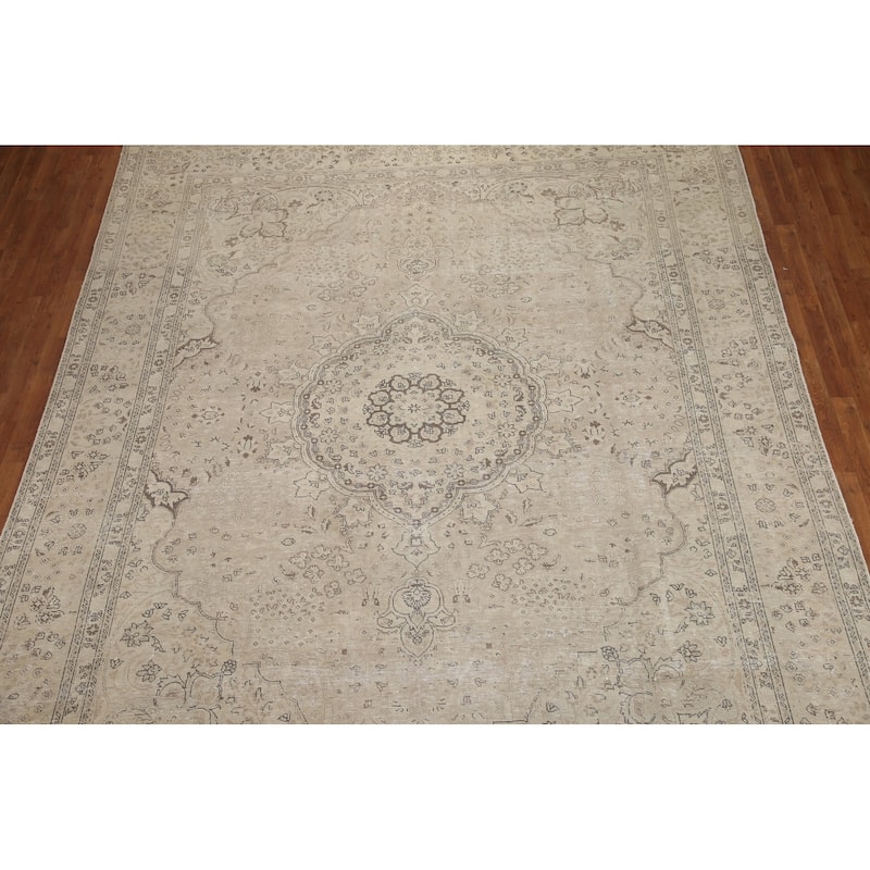 Hand Knotted Oriental 100% Wool Carpet Traditional Floral Beige & Ivories Tabriz Area Rug - 12' 4'' X 9' 10''
