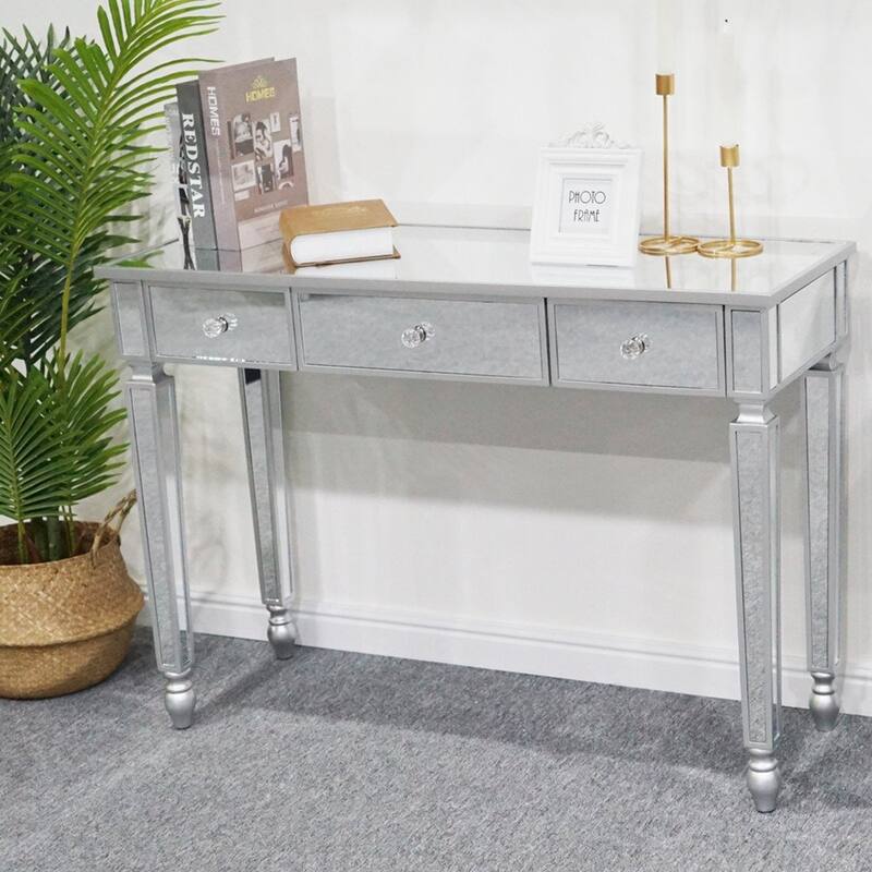 41.7" Zimtown Three Drawers Mirror Table Dressing Table Console Table - Silver