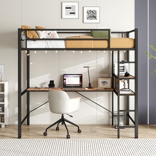 Twin Loft Bed w/L-Shaped Desk, Shelves, Charging Station, LED Lights, Safety Guard, No Box Spring Needed (Brown Wood).