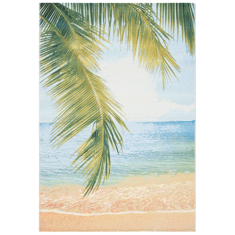 SAFAVIEH Barbados Terumi Tropical Indoor/ Outdoor Waterproof Patio Backyard Rug - 5'3" Square - Gold/Blue