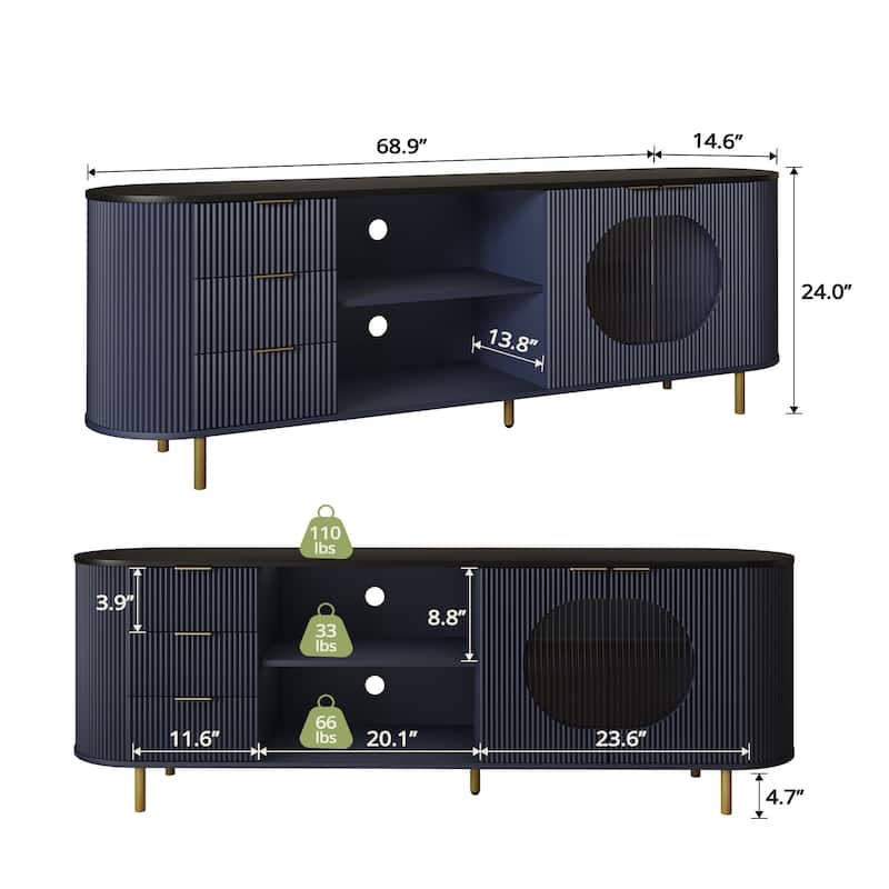 65 Inch Modern TV Stand, Fluted Media Console with Faux Marble Top