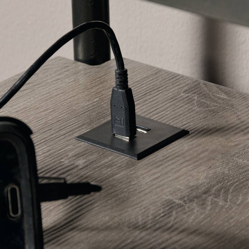 Engineered Wood Industrial L-Shaped Desk with Built-In Usb Ports And Grommet Holes, Brown