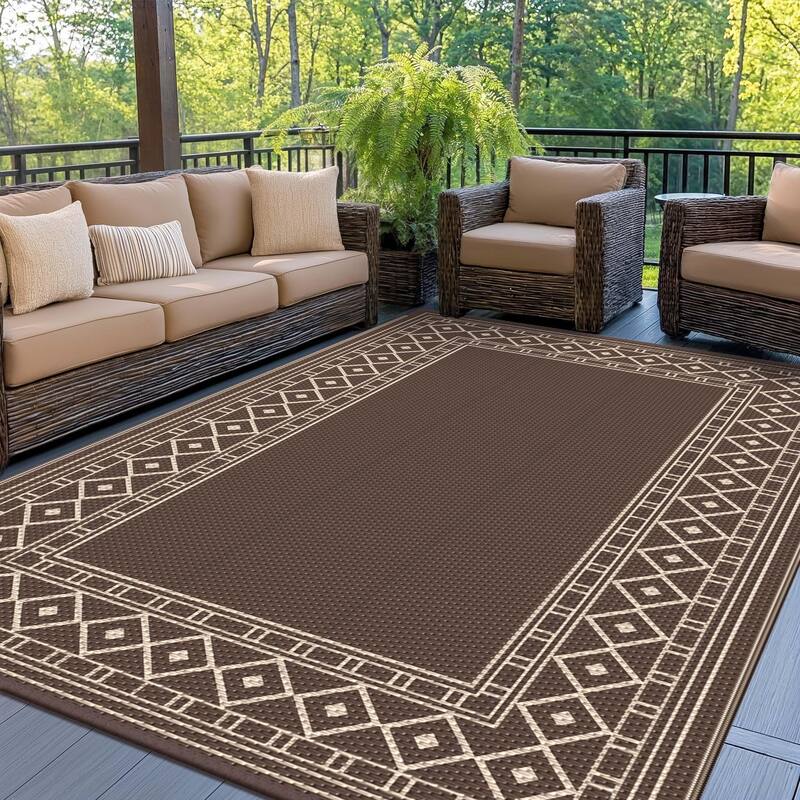Mcow Geometric Frame Collection Waterproof Outdoor Area Rug - 6' x 9' - Coffee Brown - Rectangle