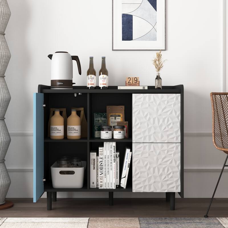 Modern Sideboard Buffet Cabinet with 2 Drawers and 2 Open Storage Compartment