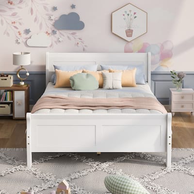 Classic Sleigh Bed Queen Size Platform Bed with Curved Headboar and Footboard, Solid Pine Wood Panel Bed Frame with Slat Support