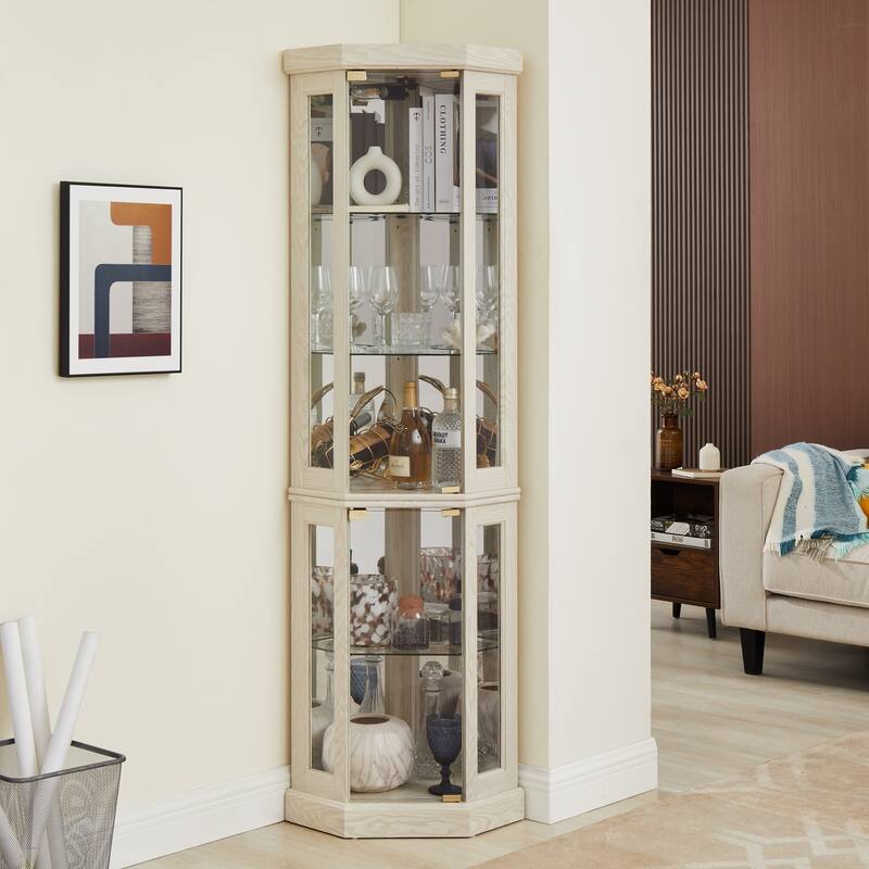 Lighted Corner Curio Cabinet - Display Case for Living Room, Antique Collectibles, Wine & Bar Glass Storage