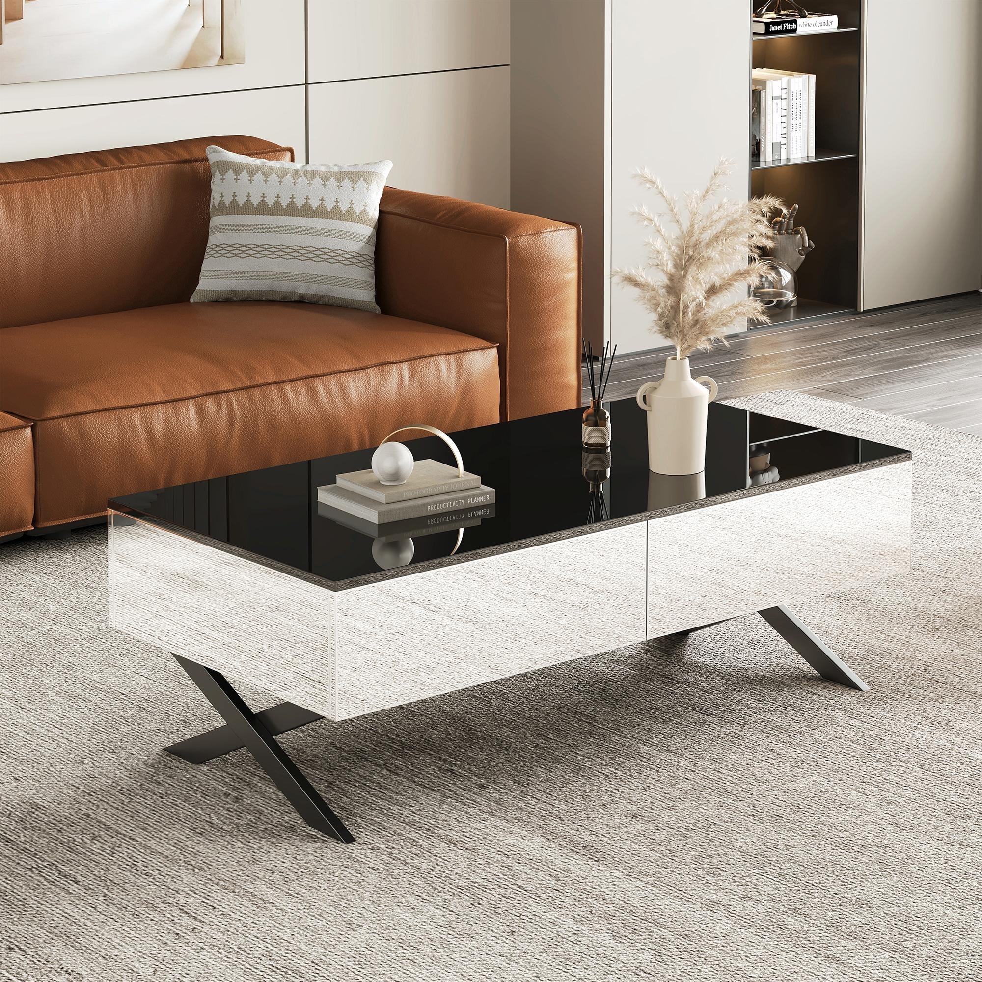 47.3" Rectangular Mirror Coffee Table with Storage - 2 Drawers, Metal Base, Black High Gloss Top