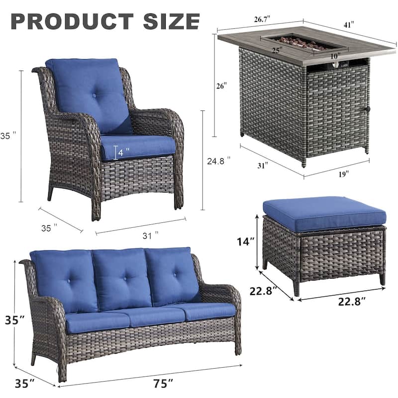 Outdoor Wicker Rattan Sofa Ottoman Chair Fire Pit Table - Grey