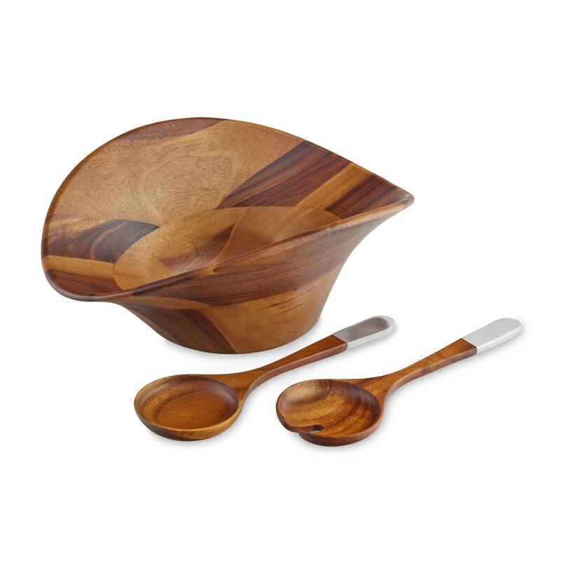 Nambe Ripple Salad Bowl with Servers - 15.5" L x 12" W x 6" H - 15.5" L x 12" W x 6" H - 3 Piece
