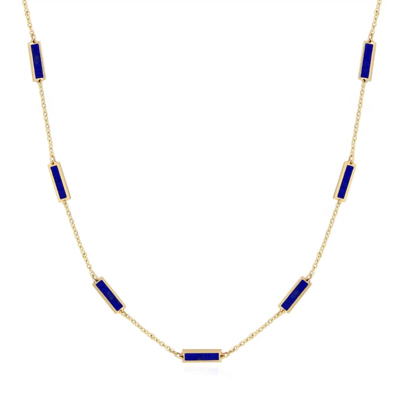 Curata 14k Yellow Gold Italian 18" Inlaid Genuine Gemstone 10X2mm Bar Station Necklace - Dark Blue Lapis